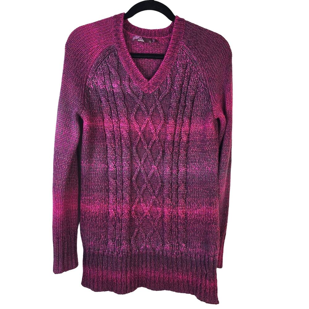 Prana Leisel Cable Knit Sweater Women's L Plum Ombre V Neck Longline Outdoorcore